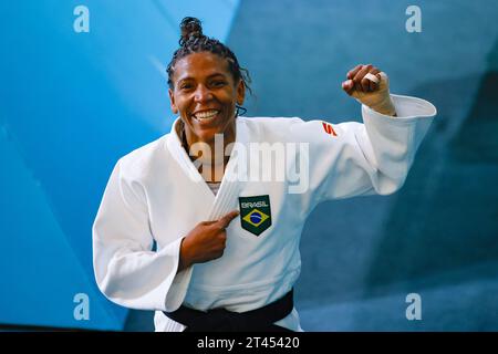 Santiago, Chile. Oktober 2023. Rafaela Silva feiert Gold in Jud? Bis? 57 kg während der Pan American Games in Santiago 2023, die heute Samstagmorgen (28) im Kontaktsportzentrum in Santiago de Chile stattfinden. Kredit: Rodolfo Buhrer/La Imagem/FotoArena/Alamy Live News Stockfoto