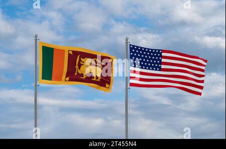 USA und Sri Lanka Flaggen, die zusammen im Wind auf blauem bewölktem Himmel winken, zwei Länder-Beziehungskonzept Stockfoto