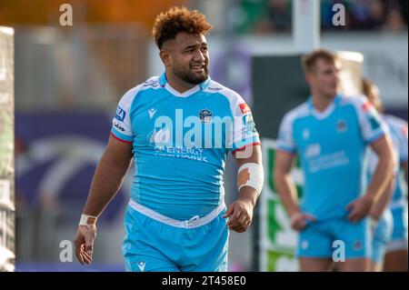 Galway, Irland. Oktober 2023. Sione Vailanu aus Glasgow während des Spiels der United Rugby Championship Runde 2 zwischen Connacht Rugby und Glasgow Warriors auf dem Sportsground in Galway, Irland am 28. Oktober 2023 (Foto: Andrew SURMA/ Credit: SIPA USA/Alamy Live News Stockfoto