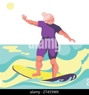 Aktive Senioren auf Urlaubskonzept. Positive alte Dame, die ein Surfbrett auf Meereswellen reitet. Vektor-Illustration in modernem Stil. Moderne Senioren A Stock Vektor