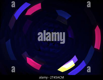 Abstrakte helle und bunte geometrische Formen auf einem dunkelblauen Hintergrund mit abstrakten geometrischen Formen und Mustern. Abstrakter und moderner Hintergrund. Stockfoto