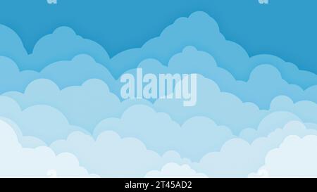 Blauer Himmel mit flachen Wolken im Cartoon-Stil mit Farbverlauf zu weiß. Abstrakter, bewölkter Himmel Illustrationshintergrund. Stockfoto