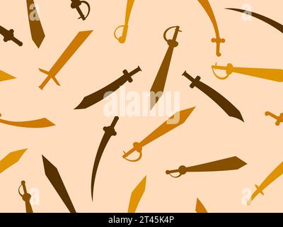 Silhouetten aus nahtlosem Schwertmuster. Geschwungene und gerade Schwerter. Antike und mittelalterliche Waffen, Scimitar und Gladius. Design für Tapeten, Banner Stock Vektor
