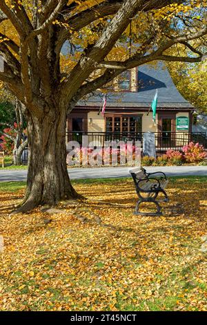 Herbstlaub bedecken den Bennington Battle Monument Circle vor der Parkbank, Souvenirladen – Bennington, Vermont, Oktober 2023 Stockfoto