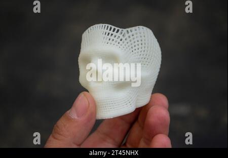 Person mit Fingern der Hand kleiner Prototyp eines menschlichen Schädels in 3D gedruckt aus geschmolzenem weißem Kunststoff. Dreidimensionales Modell. Additive progressive Medizintechnik. Moderne neue Druckindustrie. Stockfoto
