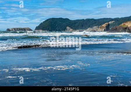 Ein Blick auf Meyers Creek Beach mit Wellen und Felsformationen an der Küste des Bundesstaats Oregon. Stockfoto