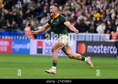 Saint Denis, Frankreich. Oktober 2023. Julien Mattia/Le Pictorium - Südafrika - Neuseeland Rugby-Weltmeisterschaft - 29/10/2023 - Frankreich/seine-Saint-Denis/Saint-Denis - Feier der Südafrikaner nach ihrem Sieg im Finale der Rugby-Weltmeisterschaft gegen Neuseeland am 28. September 2023 im Stade de France. Quelle: LE PICTORIUM/Alamy Live News Stockfoto