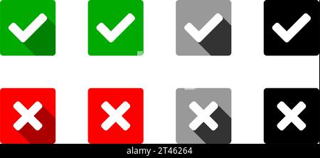 Symbole Ja und Nein oder richtig und falsch oder genehmigt und abgelehnt mit Häkchen und X-Zeichen mit 3D-Schatteneffekt. Vektorbild. Stock Vektor