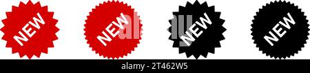 Einfache rote und schwarze neue Produkte oder neue Funktionen Aufkleber oder Aufkleber mit selbstklebendem Etikett Symbolsatz. Vektorbild. Stock Vektor