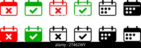 Einfache grüne Rot Schwarz-weiß-Kalenderzeit Termin storniert und bestätigt Symbolsatz mit X-Kreuz und Häkchen Häkchen-Symbol. Vektorbild. Stock Vektor