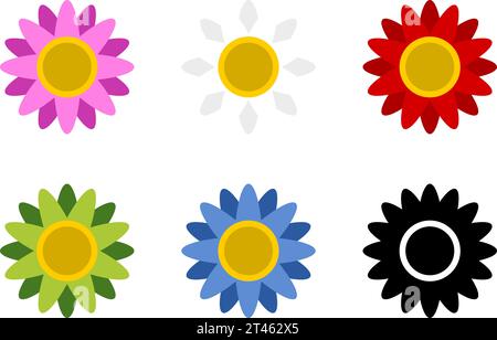 Buntes weiß Rot Grün Schwarz Blau und Rosa Gänseblümchen Kamillenblüten Symbol Set. Vektorbild. Stock Vektor