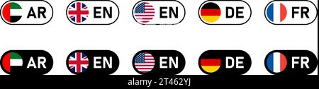 Symbolsatz für Flaggenauswahl im Schieberegler umschalten, einschließlich Flaggen der Vereinigten Arabischen Emirate, Großbritannien, USA, Deutschland und Frankreich. Vektorbild. Stock Vektor