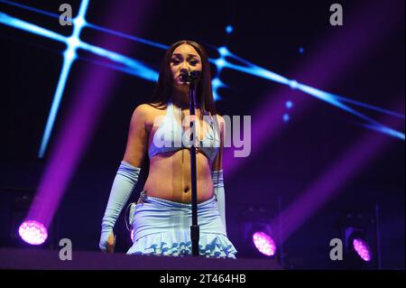 Am 28. Oktober 2023 tritt Flo auf der Kiss Haunted House Party in der M&S Arena in Liverpool, Großbritannien auf. Foto: David Bronstein/Alamy Live News Stockfoto