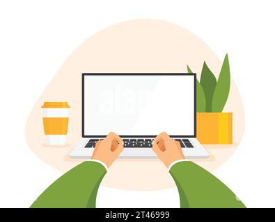 Arbeitsplatz mit menschlichen Händen, Vorderansicht. Laptop mit leerem Bildschirm. Mann arbeitet am Computer. Flache Vektor-Illustration Vorlage in einem trendigen flachen Stil. Stock Vektor
