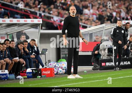 Stuttgart, Deutschland. Oktober 2023. Pellegrino Matarazzo, Cheftrainer der TSG 1899 Hoffenheim, reagierte beim ersten Liga-Spiel der 9. Runde zwischen dem VfB Stuttgart und der TSG 1899 Hoffenheim in Stuttgart am 28. Oktober 2023. Quelle: Ulrich Hufnagel/Xinhua/Alamy Live News Stockfoto