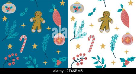Nahtloses Silvester- und Weihnachtsmuster mit Weihnachtssymbolen und -Elementen, lustig und fröhlich. Weihnachts- und Neujahrsmuster mit transparentem bac Stock Vektor
