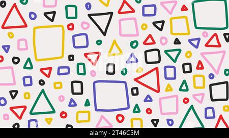 Farbenfrohes memphis-Vektormuster mit handgezeichneten geometrischen Elementen. Abstrakter kindlicher Hintergrund im Doodle-Stil. Retro Vintage 80er oder 90er Jahre Mode Stock Vektor