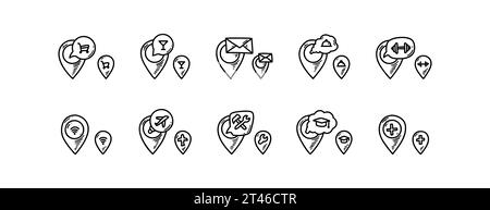 Positionsstifte und Flaggensymbole festgelegt. Positionsmarkierung der Kritzelung. Sketch Restaurant, Fitnessstudio, Bar, Flughafen, Krankenhaus, Laden, Universität genau. Handgezeichnetes gps na Stock Vektor
