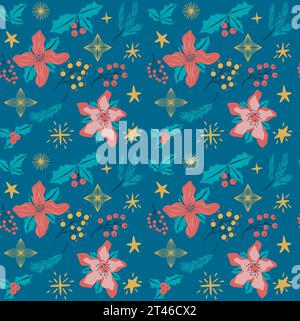 Nahtloses Silvester- und Weihnachtsmuster mit Weihnachtssymbolen und -Elementen. Weihnachten und Neujahr Vektor Hintergrund Stock Vektor