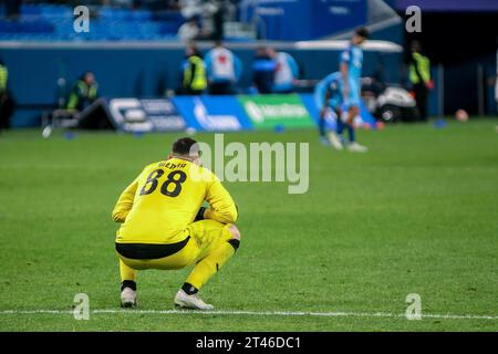 Sankt Petersburg, Russland. Oktober 2023. Giorgiy Shelia (8) aus Akhmat wurde während des russischen Premier League-Fußballspiels zwischen Zenit Sankt Petersburg und Akhmat Grosny in der Gazprom Arena gesehen. Endpunktzahl: Zenit 2:1 Akhmat Grosny. (Foto: Maksim Konstantinov/SOPA Images/SIPA USA) Credit: SIPA USA/Alamy Live News Stockfoto