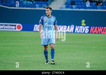 Sankt Petersburg, Russland. Oktober 2023. Nuraly Alip (28) von Zenit wurde während des russischen Premier League-Fußballspiels zwischen Zenit Sankt Petersburg und Akhmat Grosny in der Gazprom Arena gesehen. Endpunktzahl: Zenit 2:1 Akhmat Grosny. (Foto: Maksim Konstantinov/SOPA Images/SIPA USA) Credit: SIPA USA/Alamy Live News Stockfoto