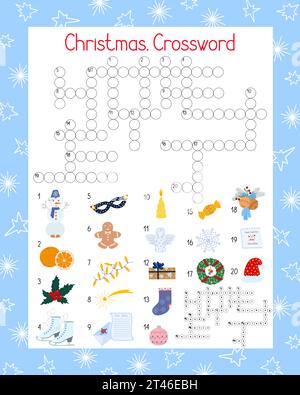 Weihnachten saisonale Kreuzworträtsel Aktivitäten, Wortsuche Puzzle, Winterferien Vektor Illustration druckbares Arbeitsblatt für Kinder, Bildung oder Freizeit Stock Vektor