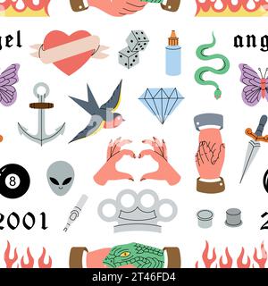 Altmodische Tattoos. Nahtloser Hintergrund mit Tattoos. Verschiedene altmodische Tattoomuster. Schlucken, Rose, Herz, Messer, Anker, Schädel, Hände, Blumen, Schlange. Stock Vektor