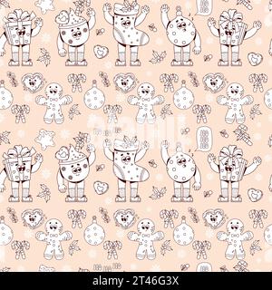 Grooviger Hippie Retro Weihnachten nahtloses Muster mit Zeichentrickfiguren Geschenke, Socke, Lebkuchen und Weihnachtsball. Lineare Konturzeichnung. Merry Chri Stock Vektor