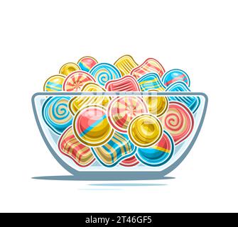 Vector Candy Bowl, dekoratives Poster mit Umrissillustration der mehrfarbigen Bonbonkomposition, süßer Druck mit Cartoon Design harte Bonbons und Bu Stock Vektor