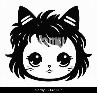 Niedliches Katzengesicht isoliert auf weißem Hintergrund. Zeichentrick-Kätzenkopf, Vektor-Symbol. Schwarzes Silhouette-Logo. Handgezeichnetes Sketch-Kätzchen-Charaktergesicht in Anime Stock Vektor