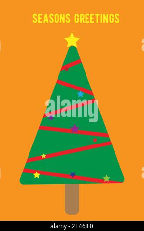 Ein grüner Weihnachtsbaum mit rotem Band und Sternen, hoch stehend auf einem orangefarbenen Hintergrund Stock Vektor