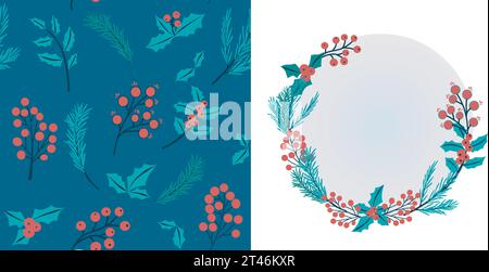 Weihnachtsset mit Weihnachtsdruck und Grußkarte, saisonales Design, schlichter Dekorkranz mit weihnachtlichen Blumenelementen. Transparentes bac Stock Vektor