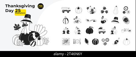 Thanksgiving Tag Schwarz-weiß-Zeichentrick flache Illustration Bundle Stock Vektor