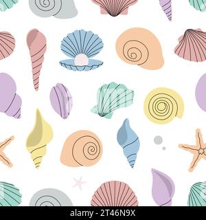 Muschelmuster. Hintergrund der Weichtiere. Tropische Unterwasserschalen. Vektorabbildung. Stock Vektor