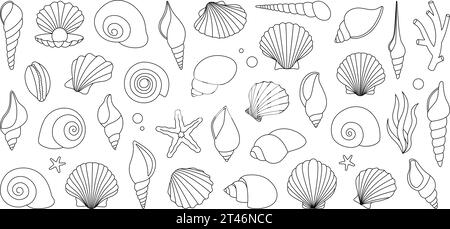 Umrissset für Muscheln. Tropische Unterwasserschalen. Süßwasseralgen, Korallen, Seesterne, Muscheln, Jakobsmuscheln, Perlen. Vektorabbildung. Stock Vektor