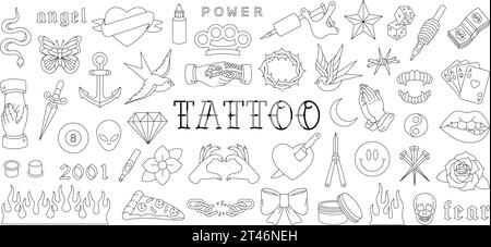 Outline-Set für Tattoos der alten Schule. Verschiedene altmodische Tattoos. Schlucken, Rose, Herz, Messer, Anker, Schädel, Hände, Blumen, Schlange. Vektorabbildung. Stock Vektor