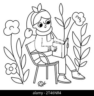 Mädchen im Schal liest ein Buch auf französischem Stuhl im Park zwischen Blumen. Vektor-Schwarz-weiß-Illustration der Frau. Niedliches Symbol oder Colo Stock Vektor