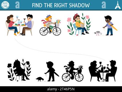 France Shadow Matching Aktivität. Puzzle mit Franzosen. Suchen Sie das richtige druckbare Arbeitsblatt für die Silhouette. Lustige Seite für Kinder mit Dinner-Paar, Mädchen Stock Vektor