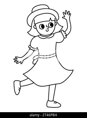 Schwarz-weißes Tanzmädchen in wunderschönem Kleid und Hut. Vektorlinie Illustration der Frau. Niedliches Zeichensymbol oder Ausmalseite Stock Vektor