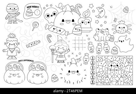Vector Kawaii Halloween Tischset für Kinder. Druckbare Aktivitätsmatte mit Labyrinth, Tic Tac Zehenkarte, verbinde die Punkte, finde den Unterschied. Schwarz Stock Vektor