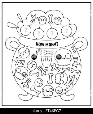 Halloween-Schwarz-weiß-Spionagespiel für Kinder. Suche und Zählung von Linien Aktivität mit süßen Kawaii Feiertagssymbolen, Kessel, Trank. Gruseliger Herbst p Stock Vektor