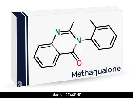 Methaqualone-Molekül. Es ist ein Beruhigungsmittel, ein hypnotisches Medikament, das zur Behandlung von Schlaflosigkeit verwendet wird. Die chemische Formel des Skeletts. Papierverpackungen für Medikamente. Stock Vektor