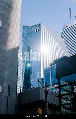 Toronto, Kanada - 28. Oktober 2023: Sonnenlicht reflektiert von eleganten Glashochhäusern mit Firmenlogos EY und BMO. Modern Stockfoto