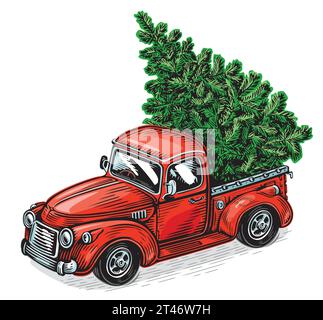 Weihnachtsroter Retro-Pick-up-Truck mit grüner Kiefer. Vektor-Illustration zu glücklichen Feiertagen Stock Vektor