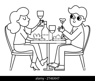 Ein Paar sitzt am Tisch, isst und trinkt Wein. Vektorlinie Illustration mit Franzosen. Frau und Mann haben Spaß. Niedliches Schwarz-weiß Stock Vektor