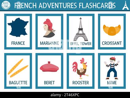Vektor Französisch Flash Karten Set. Englischsprachiges Spiel mit niedlichem Eiffelturm, Croissant, Baguette für Kinder. Flashcards mit traditionellen Symbolen von Fran Stock Vektor