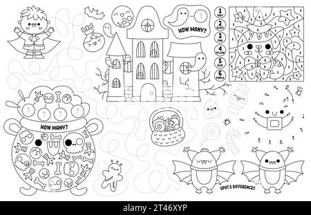 Vector Kawaii Halloween Tischset für Kinder. Druckbare Aktivitätsmatte mit Labyrinth, Tic Tac Zehenkarte, verbinde die Punkte, finde den Unterschied. Schwarz Stock Vektor