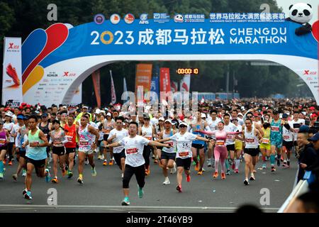 Chengdu, Chinas Provinz Sichuan. Oktober 2023. Die Läufer treten am 29. Oktober 2023 beim Chengdu Marathon 2023 in Chengdu in der südwestchinesischen Provinz Sichuan an an. Quelle: Shen Bohan/Xinhua/Alamy Live News Stockfoto