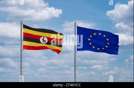 Die Fahnen der Europäischen Union und Ugandas winken zusammen im Wind auf blauem bewölktem Himmel, Beziehungskonzept Stockfoto