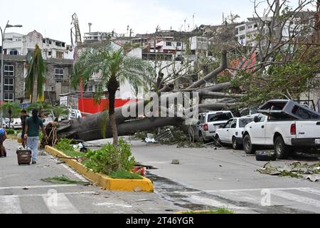 Guerrero. Oktober 2023. Dieses Foto, aufgenommen am 25. Oktober 2023, zeigt ein vom Hurrikan Otis getroffenes Gebiet in Acapulco, Bundesstaat Guerrero, Mexiko. Die Zahl der Todesopfer durch Hurrikan Otis ist im südmexikanischen Bundesstaat Guerrero auf 39 gestiegen, wobei 10 Menschen als vermisst gemeldet wurden, sagte die mexikanische Regierung am Samstag. Otis traf Guerrero am Mittwoch als Sturm der Kategorie 5 auf der Saffir-Simpson-Skala und hinterließ katastrophale Schäden vor allem im beliebten Ferienort Acapulco. Quelle: Jesus Espinosa/Xinhua/Alamy Live News Stockfoto